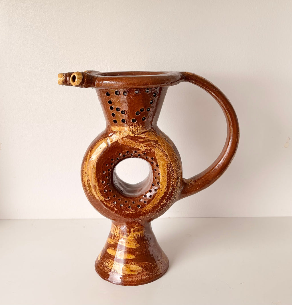 Earthenware Puzzle Jug with a Classic Lustrous Brown glaze