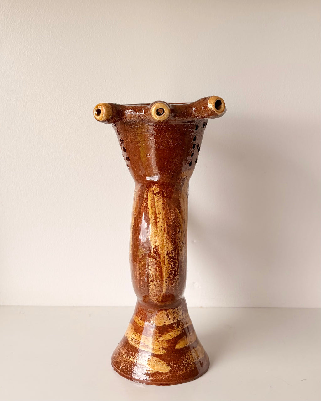 Earthenware Puzzle Jug with a Classic Lustrous Brown glaze