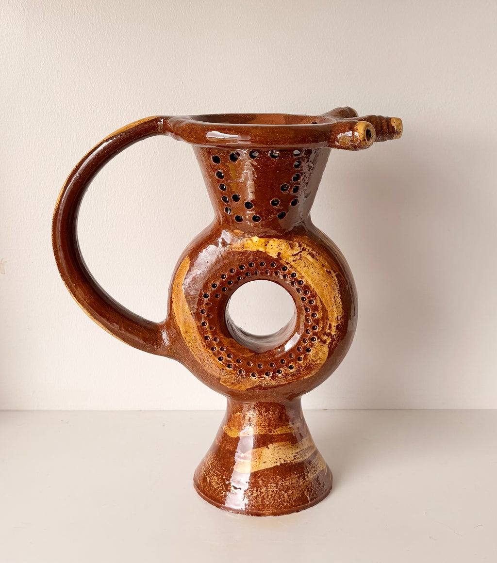 Earthenware Puzzle Jug with a Classic Lustrous Brown glaze