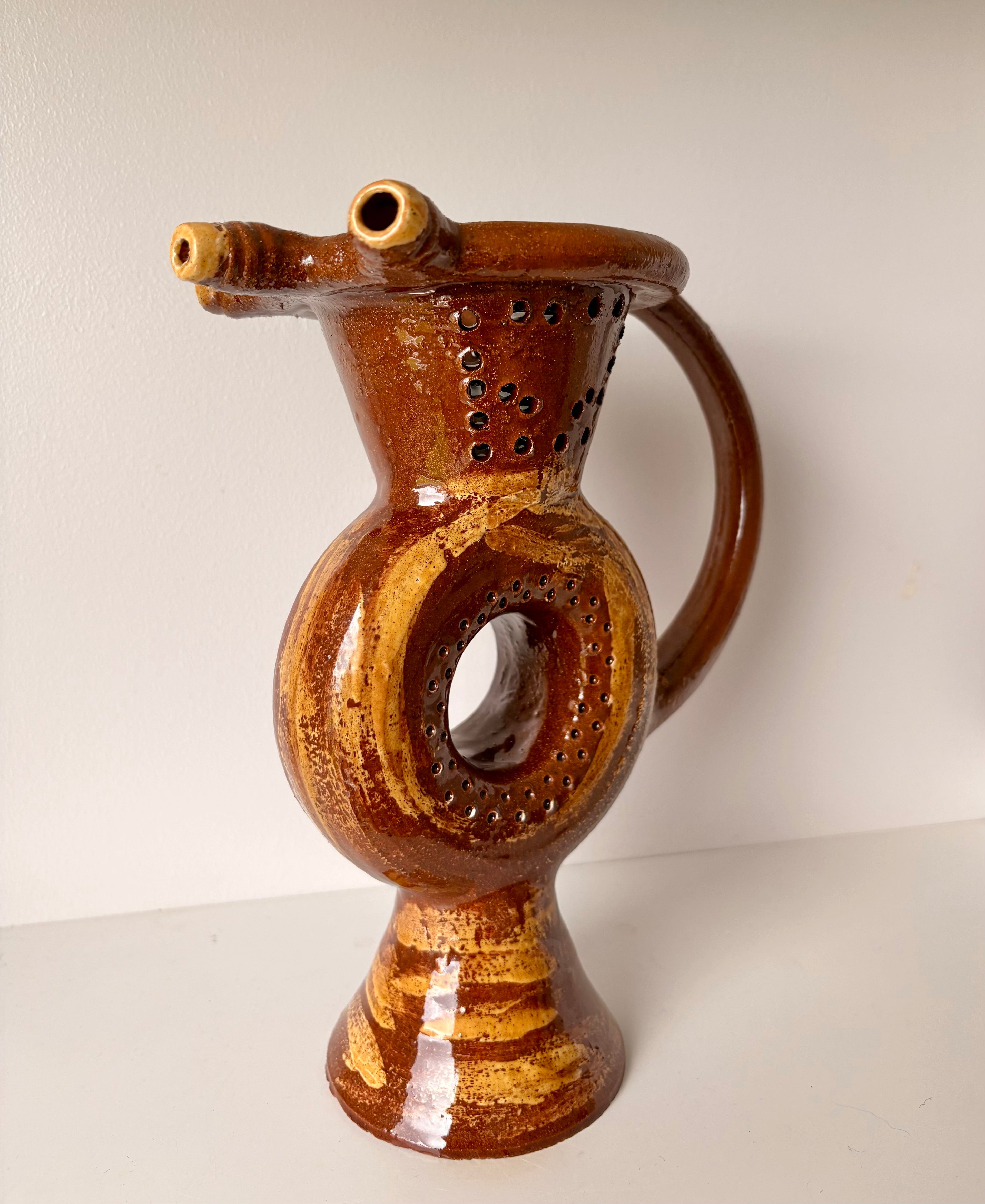 Earthenware Puzzle Jug with a Classic Lustrous Brown glaze