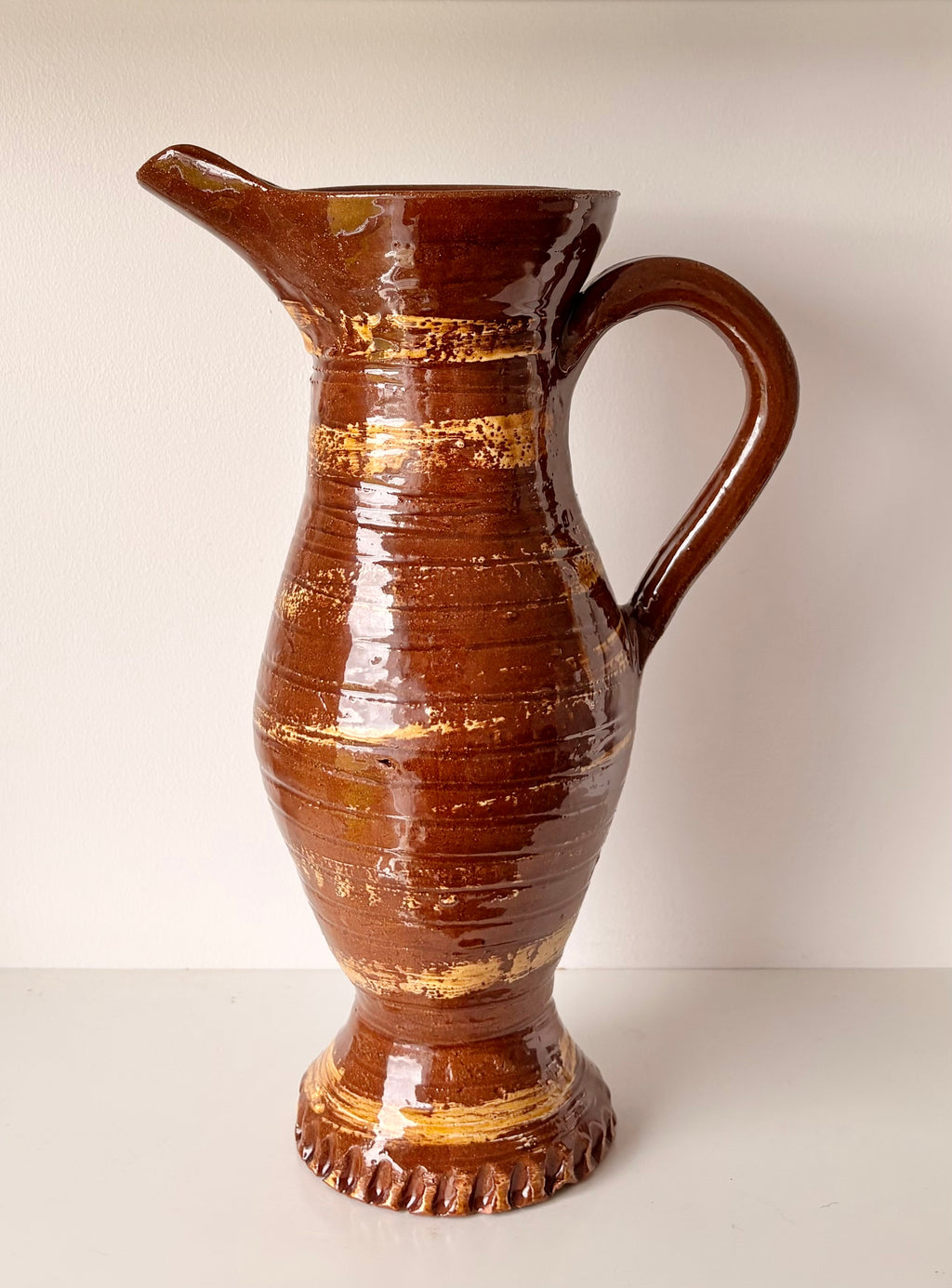Slender Baluster Jug with Large Spout. Brown and Honey Glaze.