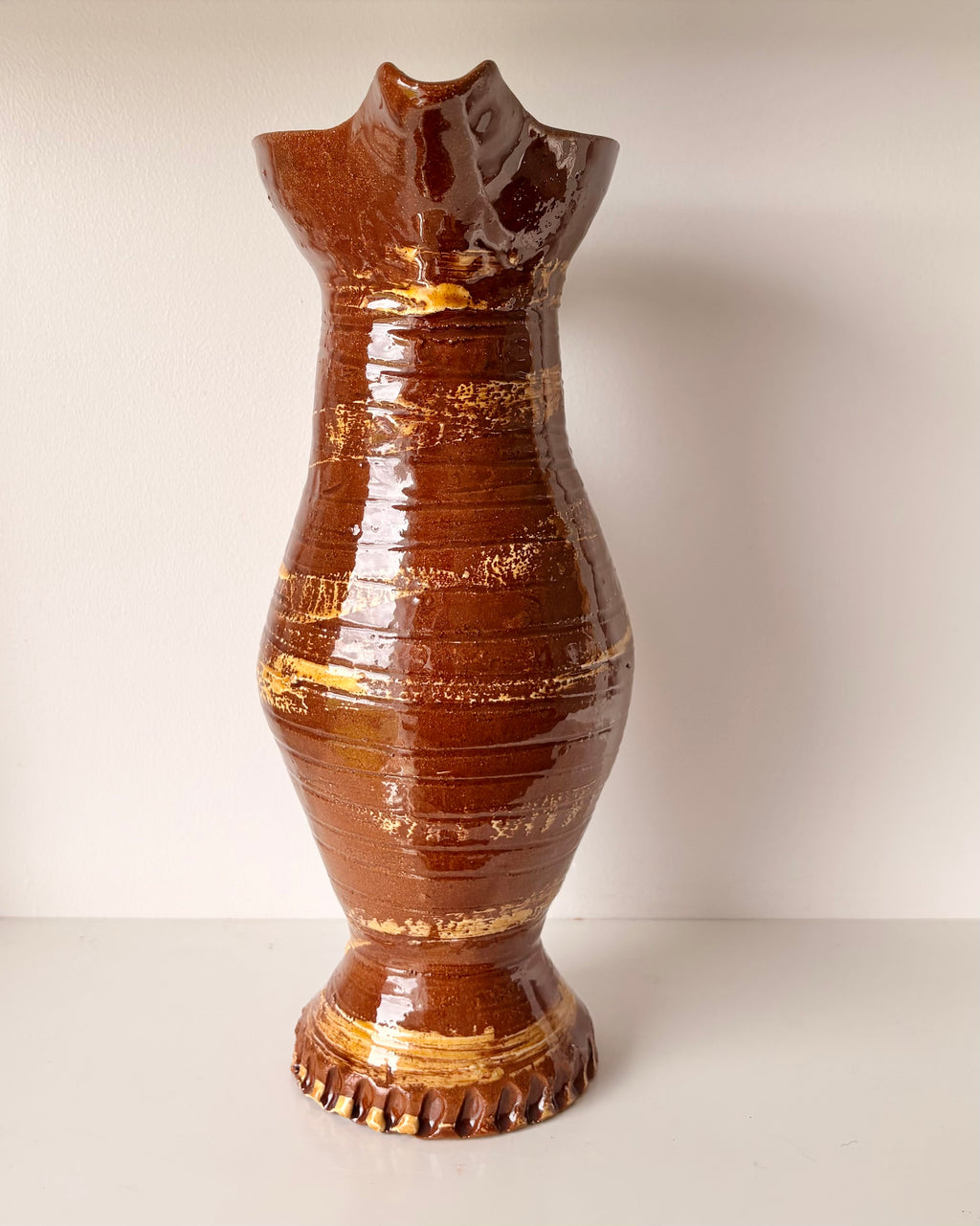 Slender Baluster Jug with Large Spout. Brown and Honey Glaze.