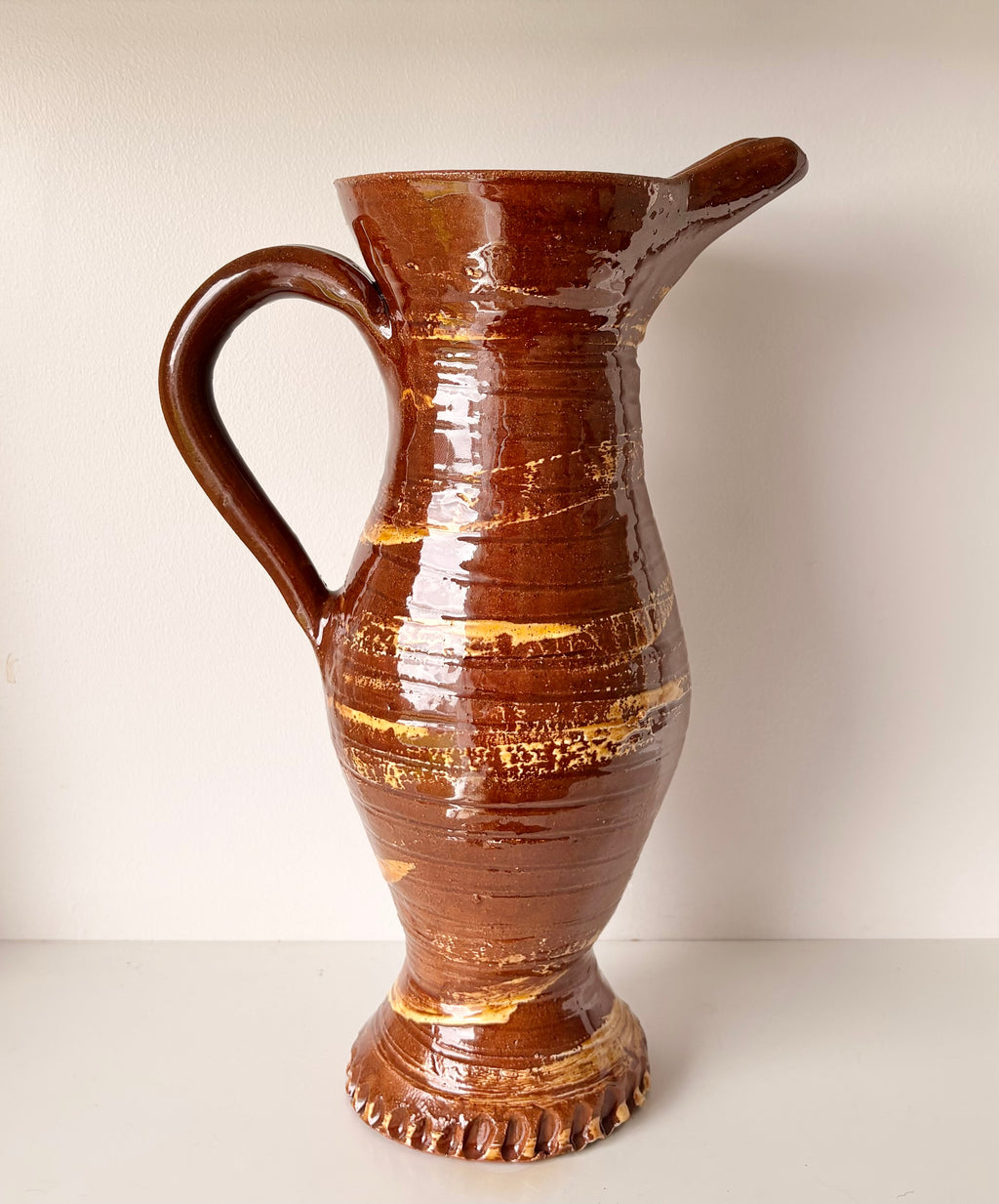 Slender Baluster Jug with Large Spout. Brown and Honey Glaze.